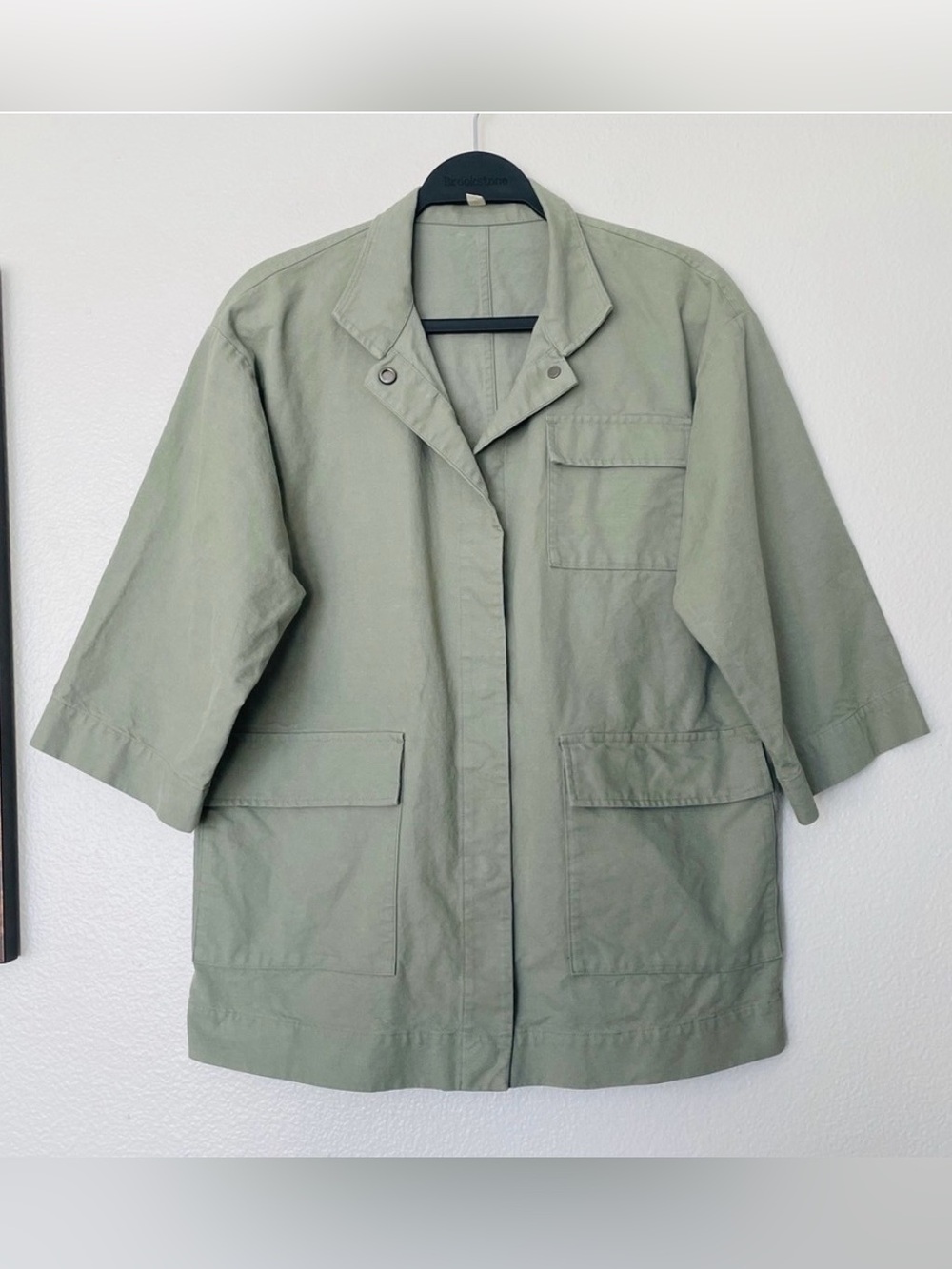 Eileen Fisher Organic Cotton Hemp Green Canvas Jacket Snap Closure Size PS